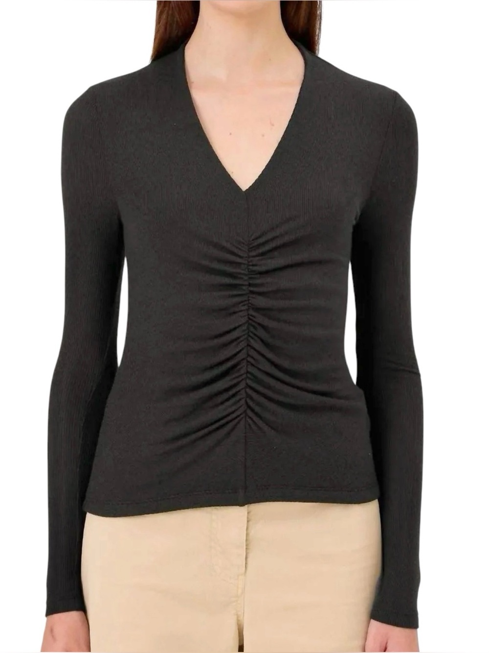 Goldie Fortuna Ruched Charcoal Gray Long Sleeve V-Neck Top Small